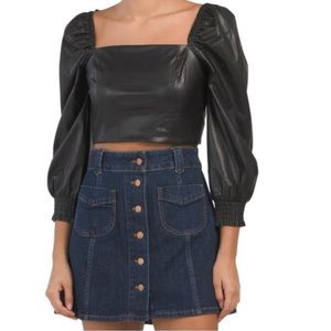 NWT 7 FOR ALL MANKIND FAUX LEATHER BLACK LONG SLEEVE CROP TOP